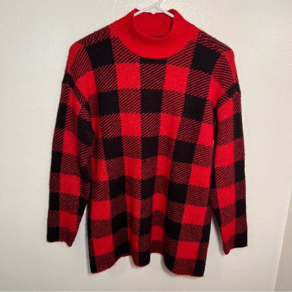 Loft Buffalo Plaid Mock Neck Sweater Red Black MP - Picture 2 of 11